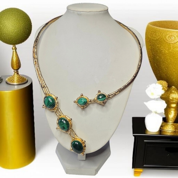 Designer Jewelry - Spectacular 18k Gold Plated Artisan Genuine Malachite Stone Torque Necklace